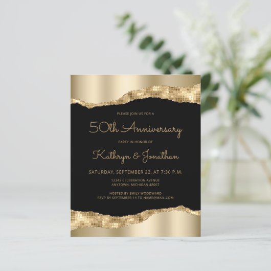 Budget Black Gold Mirror 50th Anniversary Invite (Staand voorkant)