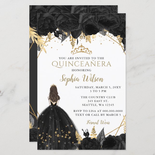 Budget Black Gold Princess Quinceañera uitnodiging (Voorkant / Achterkant)