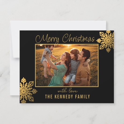Budget Black Gold Snowflake Merry Christmas Photo Notitiekaartje (Voorkant)