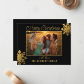 Budget Black Gold Snowflake Merry Christmas Photo Notitiekaartje (Voorkant / Achterkant in situ)