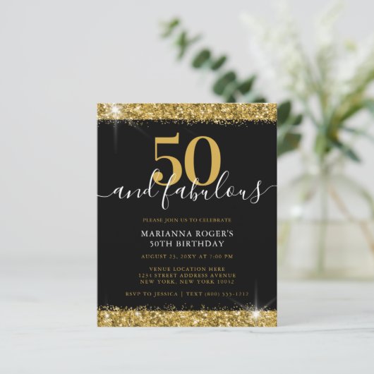 Budget Black Gold Sparkle 50th Birthday Invitation (Staand voorkant)
