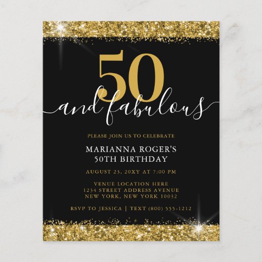 Budget Black Gold Sparkle 50th Birthday Invitation (Voorkant)