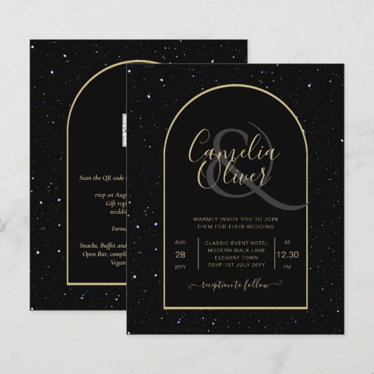 BUDGET BLACK GOLD Sterrennacht Wedding INVITE (Voorkant / Achterkant)
