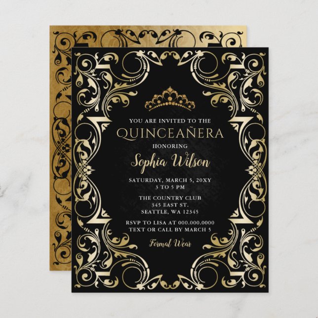 Budget Black Gold Tiara Quinceañera Uitnodiging (Voorkant / Achterkant)
