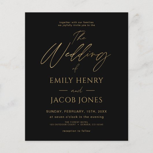 Budget Black Gold Wedding Moderne Uitnodiging (Voorkant)