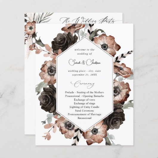 Budget Black & Natural Floral Boho Wedding Program (Voorkant / Achterkant)