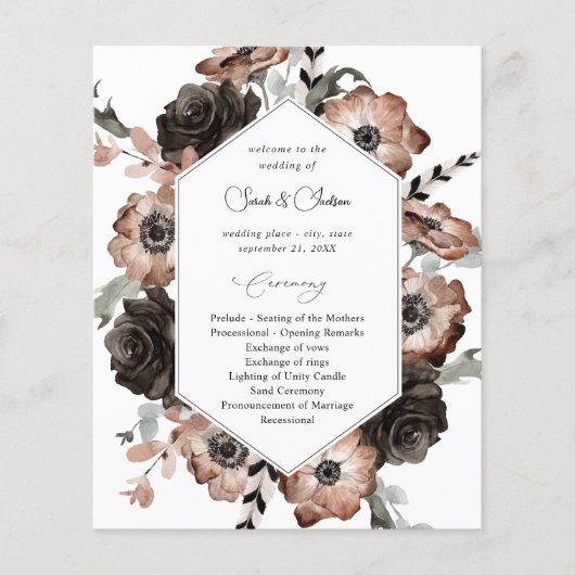 Budget Black & Natural Floral Boho Wedding Program (Voorkant)