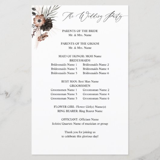 Budget Black &NaturalFloral Boho Wedding Program M (Achterkant)