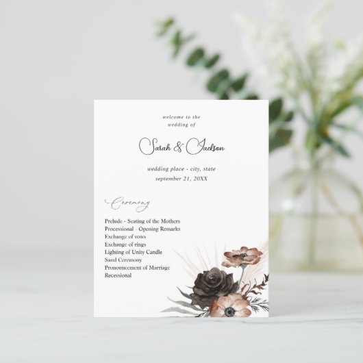 Budget Black &NaturalFloral Boho Wedding Programme (Staand voorkant)