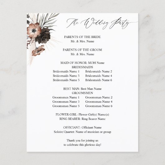Budget Black &NaturalFloral Boho Wedding Programme (Achterkant)