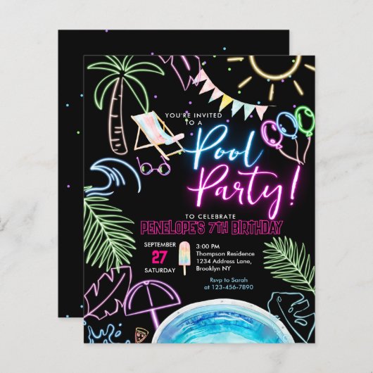 BUDGET Black Neon Glow Watercolor Pool Birthday (Voorkant / Achterkant)