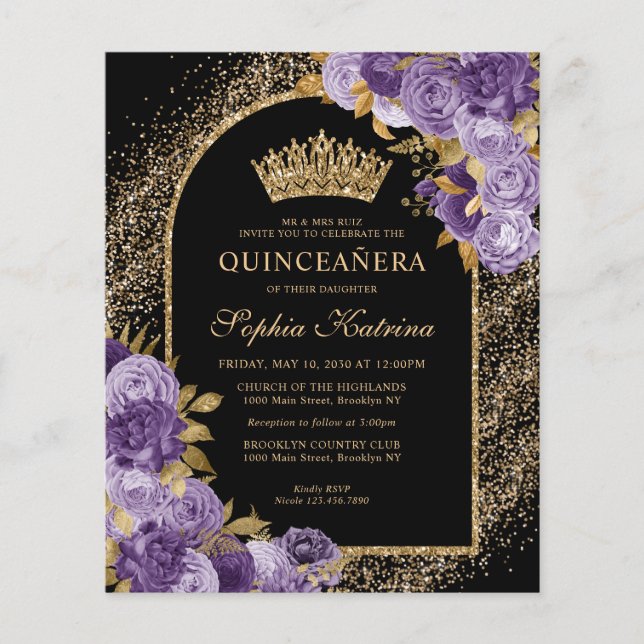 Budget Black Paars Violet Gold Floral Quinceanera (Voorkant)