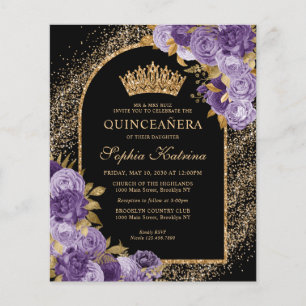 Budget Black Paars Violet Gold Floral Quinceanera