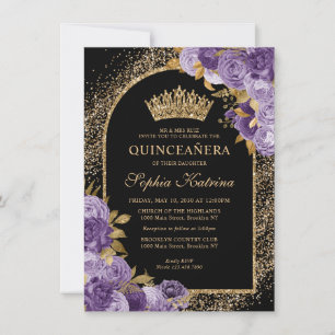 Budget Black Paars Violet Gold Floral Quinceanera Notitiekaartje