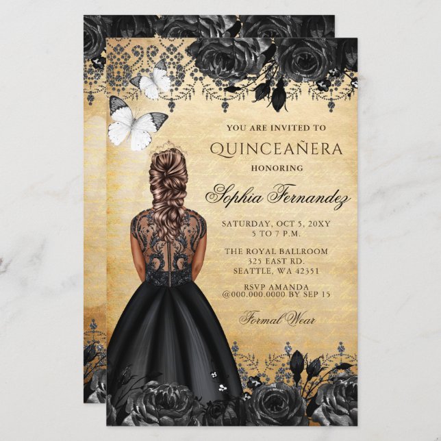 Budget Black Princess Quinceañera uitnodiging (Voorkant / Achterkant)