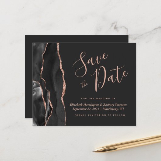 Budget Black Roos Gold Agate Wedding Save the Date (Voorkant / Achterkant in situ)