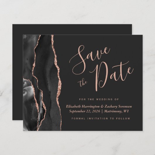 Budget Black Roos Gold Agate Wedding Save the Date (Voorkant / Achterkant)