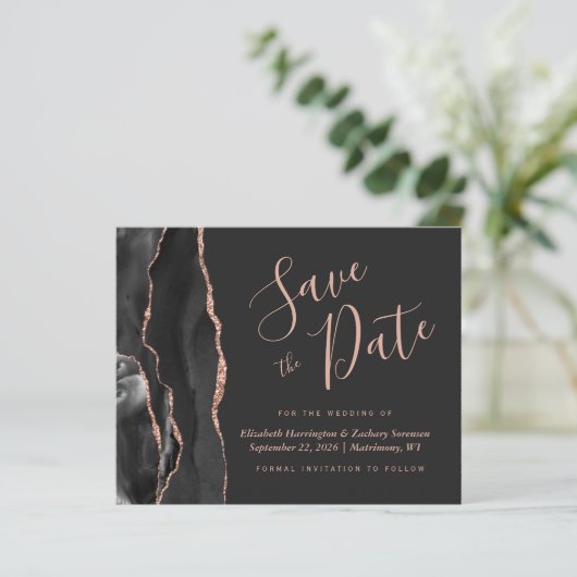 Budget Black Roos Gold Agate Wedding Save the Date (Staand voorkant)