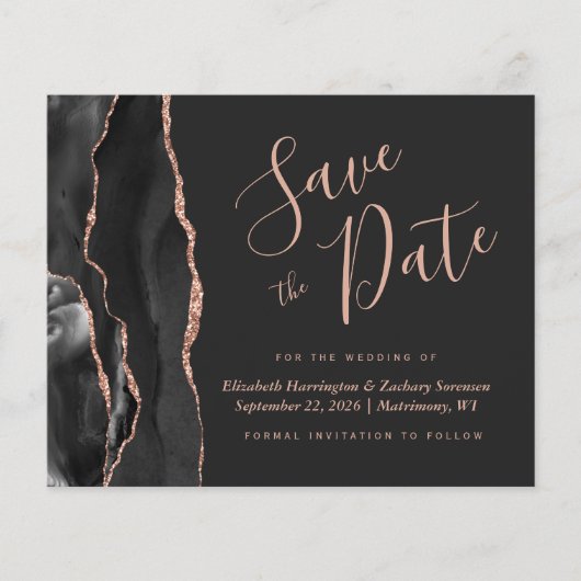 Budget Black Roos Gold Agate Wedding Save the Date (Voorkant)
