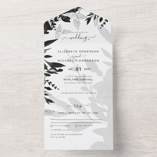 BUDGET Black Roses Elegante Witte Trouw Uitnodigin All In One Uitnodiging (Binnen)