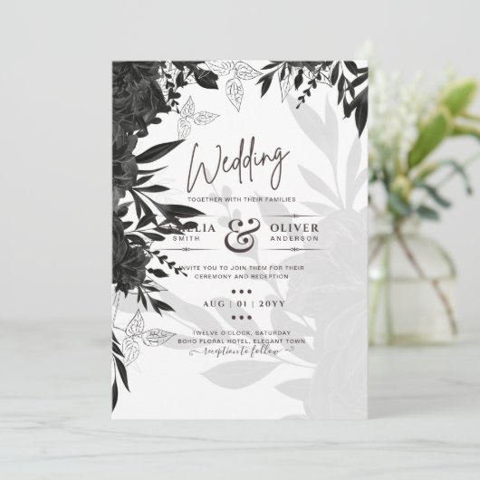 BUDGET Black Roses Elegante Witte Trouw Uitnodigin Kaart (Staand voorkant)