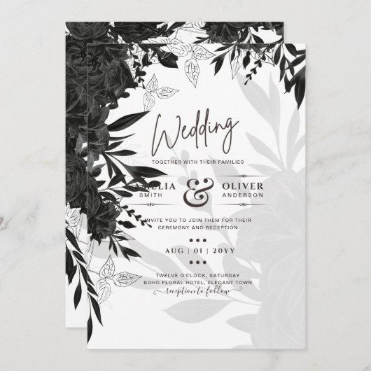 BUDGET Black Roses Elegante Witte Trouw Uitnodigin Kaart (Voorkant / Achterkant)