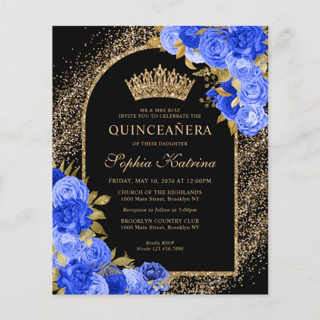 Budget Black Royal Blue Floral Quinceanera (Voorkant)