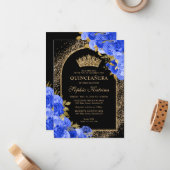 Budget Black Royal Blue Floral Quinceanera Notitiekaartje (Voorkant / Achterkant in situ)