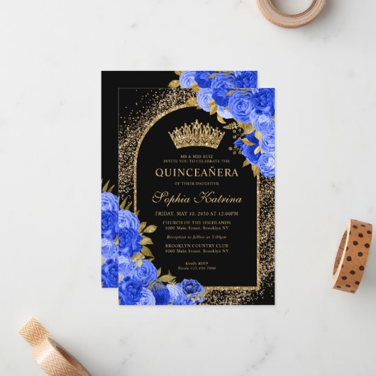 Budget Black Royal Blue Floral Quinceanera Notitiekaartje (Voorkant / Achterkant in situ)