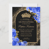 Budget Black Royal Blue Floral Quinceanera Notitiekaartje (Voorkant)