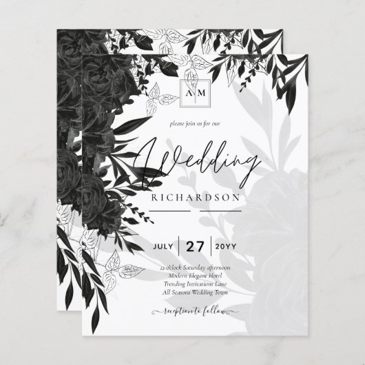 BUDGET Black Rozen Elegant White Wedding Invite (Voorkant / Achterkant)