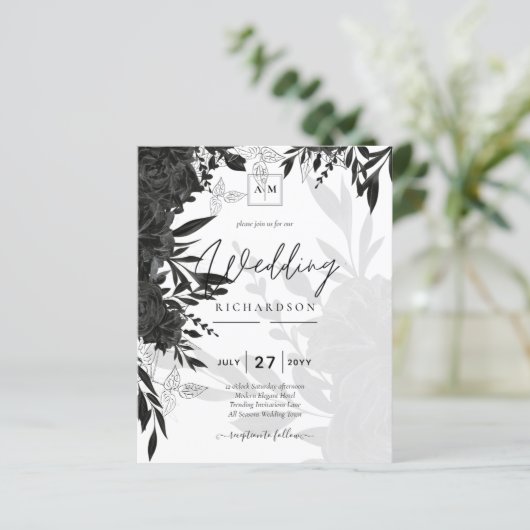 BUDGET Black Rozen Elegant White Wedding Invite (Staand voorkant)