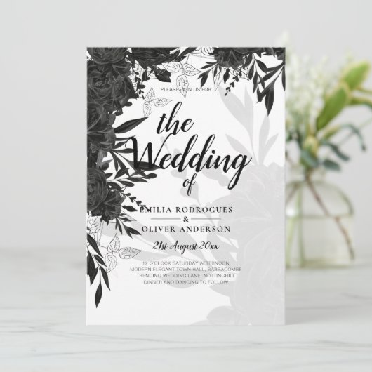 BUDGET Black Rozen Elegant White Wedding Invite Kaart (Staand voorkant)