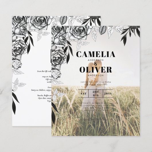 Budget Black Rozen PHOTO OVERLAY Wedding Invite (Voorkant / Achterkant)