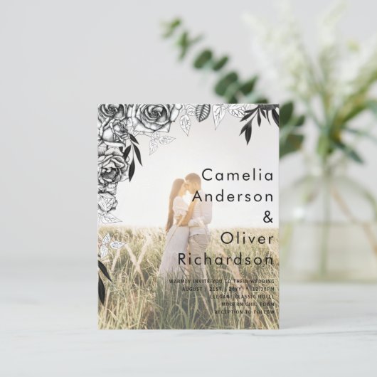 Budget Black Rozen PHOTO OVERLAY Wedding Invite (Staand voorkant)