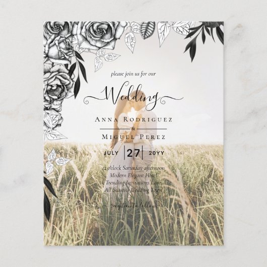 Budget Black Rozen PHOTO OVERLAY Wedding Invite Flyer (Voorkant)