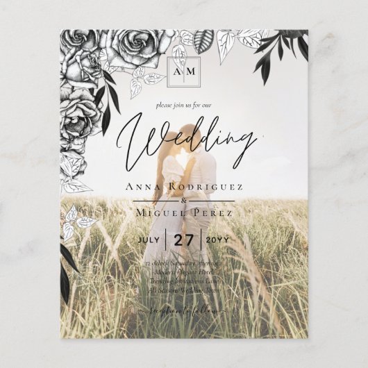 Budget Black Rozen PHOTO OVERLAY Wedding Invite Flyer (Voorkant)
