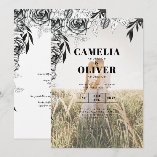 Budget Black Rozen PHOTO OVERLAY Wedding Invite Kaart (Voorkant / Achterkant)