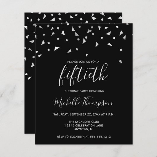 Budget Black Silver 50th Birthday Party Invitation (Voorkant / Achterkant)