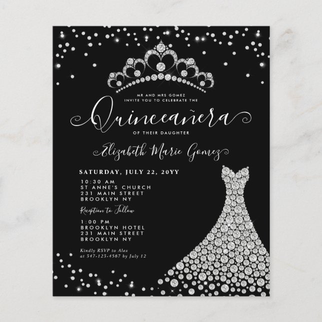 Budget Black Silver Diamond Sparkle Quinceanera (Voorkant)