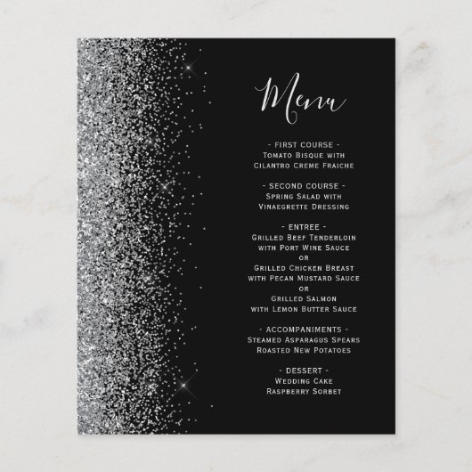 Budget Black Silver Glitter Edge Wedding Menu (Voorkant)