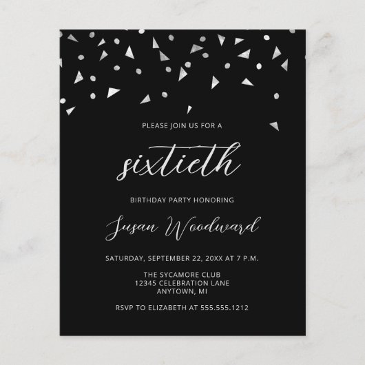 Budget Black Silver Script 60th Birthday Invite (Voorkant)