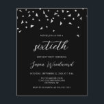 Budget Black Silver Script 60th Birthday Invite<br><div class="desc">Dit moderne ontwerp biedt een driehoekig faux Silver folie-confetti op een zwarte achtergrond. Het woord "sixtieth"verschijnt in elegant lichtgrijs manuscript. Personaliseer de uitnodiging met de gast van eer naam in manuscript, samen met de datum, de plaats, en andere details in sans serif doopvont. De tekst kan voor om het even...</div>