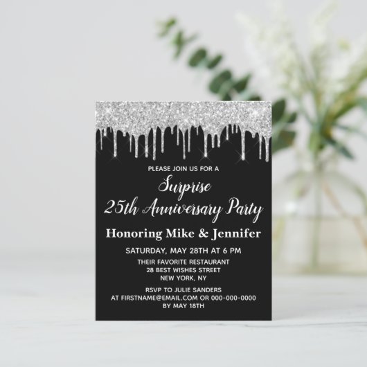 Budget Black & Silver Surprise Jubileum Invite (Staand voorkant)