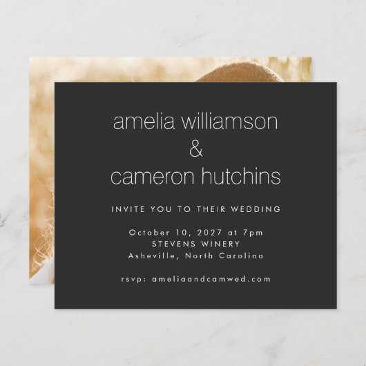 Budget Black Simple Photo Wedding Invitation (Voorkant / Achterkant)
