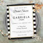 Budget Black Stripe Bridal Shower Uitnodiging<br><div class="desc">Met een klassieke zwarte en witte stripe achtergrond,  kenmerkt deze elegante begrotingsuitnodiging van het vrijgezellenfeest een elegante faux goudfolie grens die uw vrijgezellenfeest details vormgeeft die in de chemische typografie worden geplaatst. Ontworpen door: Thisnotme©</div>