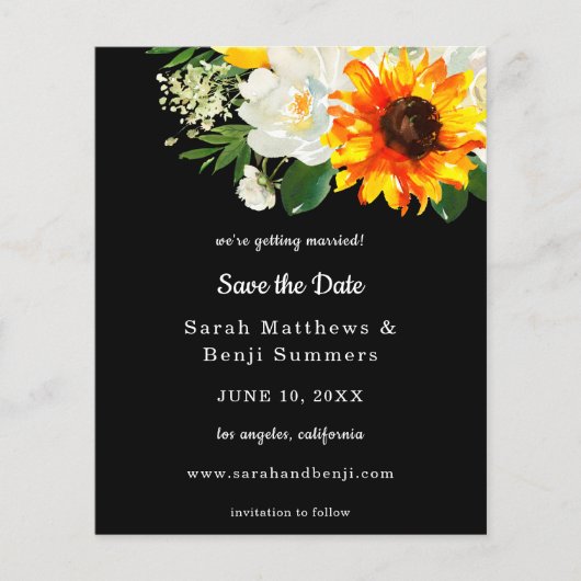 Budget Black Sunflower & Whi Floral Save the Date Flyer (Voorkant)