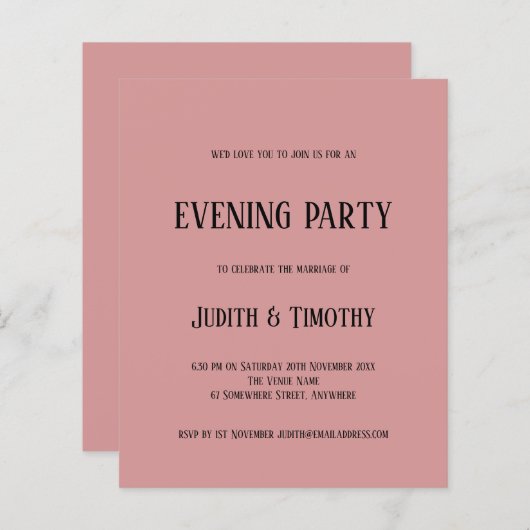 Budget Black Text Dusty Pink Evening Party nodigt  (Voorkant / Achterkant)