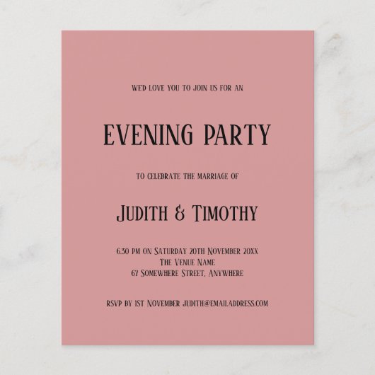 Budget Black Text Dusty Pink Evening Party nodigt  (Voorkant)
