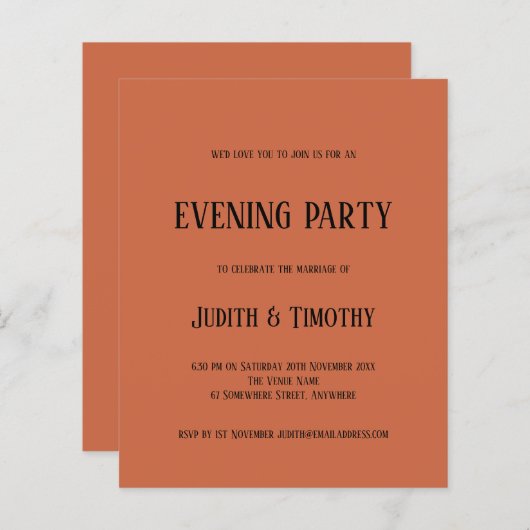 Budget Black Text Terracotta Evening Party nodigt (Voorkant / Achterkant)